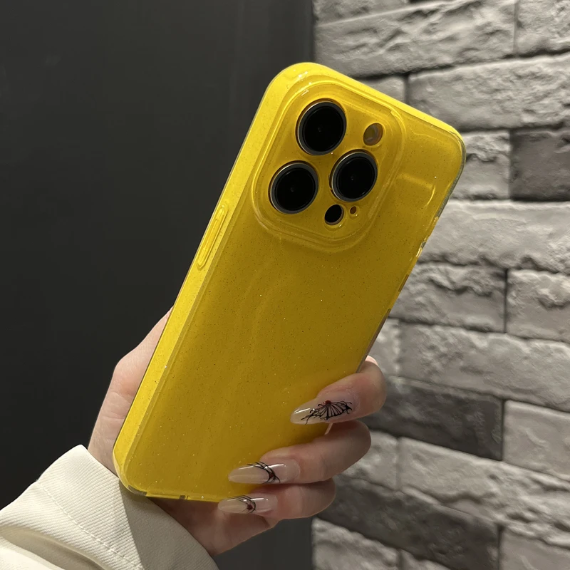 Bright Fluorscent Yellow Glitter Phone Case For iPhone 17 16 15 13 14 12 11 Pro Max 16e XS XR X 7 8 Plus SE Soft Silicone Cover