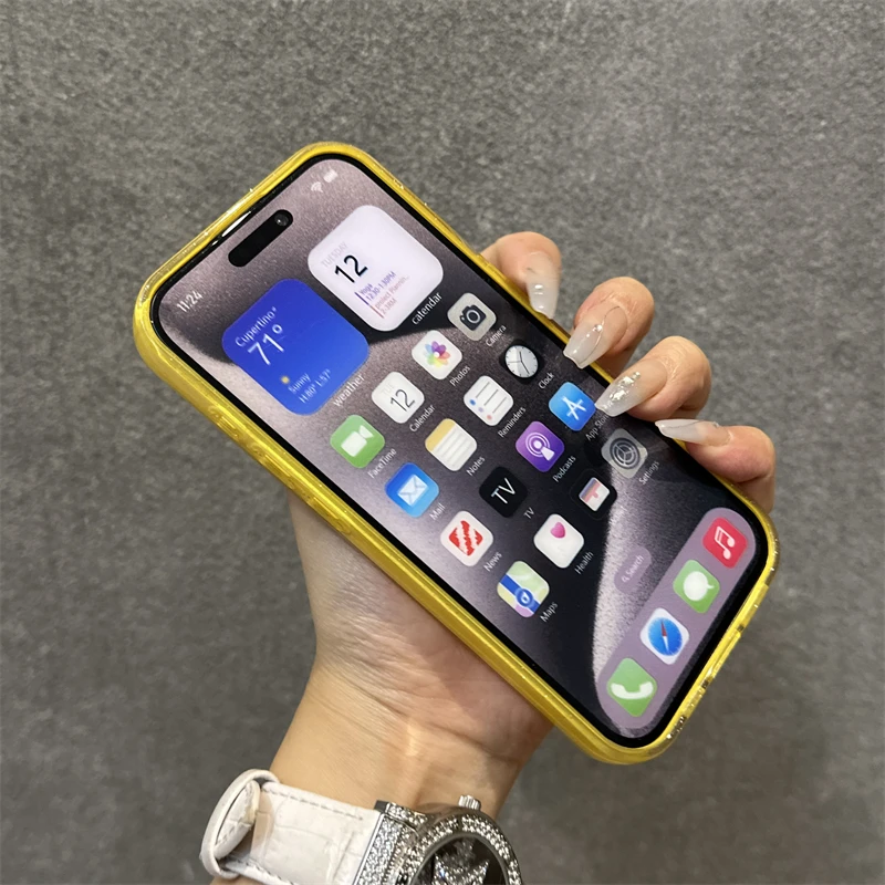 Bright Fluorscent Yellow Glitter Phone Case For iPhone 17 16 15 13 14 12 11 Pro Max 16e XS XR X 7 8 Plus SE Soft Silicone Cover
