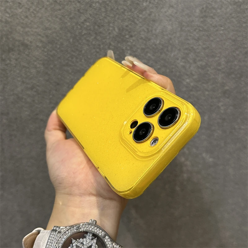 Bright Fluorscent Yellow Glitter Phone Case For iPhone 17 16 15 13 14 12 11 Pro Max 16e XS XR X 7 8 Plus SE Soft Silicone Cover