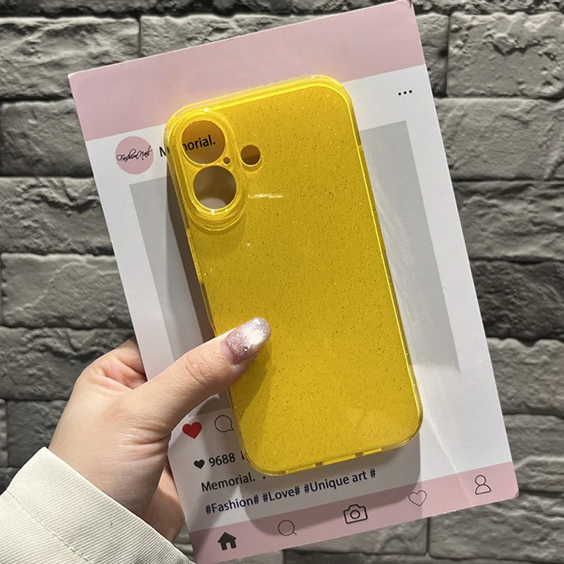 Bright Fluorscent Yellow Glitter Phone Case For iPhone 17 16 15 13 14 12 11 Pro Max 16e XS XR X 7 8 Plus SE Soft Silicone Cover