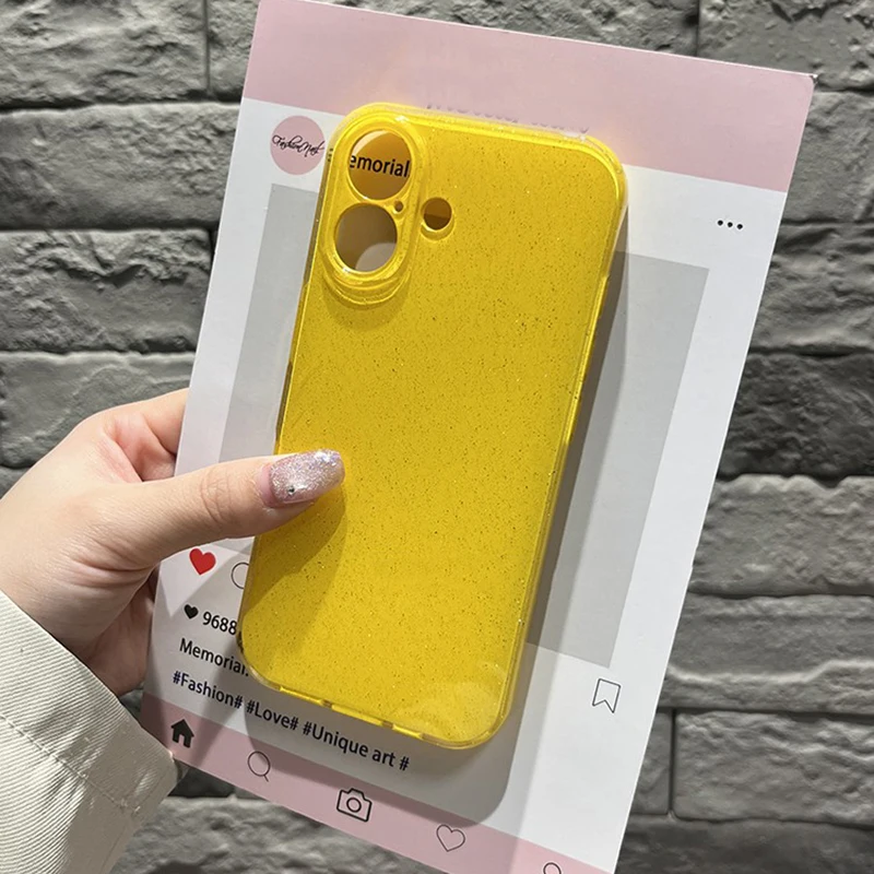 Bright Fluorscent Yellow Glitter Phone Case For iPhone 17 16 15 13 14 12 11 Pro Max 16e XS XR X 7 8 Plus SE Soft Silicone Cover