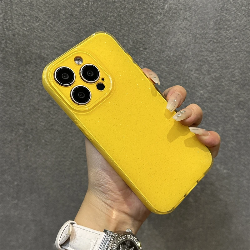 Bright Fluorscent Yellow Glitter Phone Case For iPhone 17 16 15 13 14 12 11 Pro Max 16e XS XR X 7 8 Plus SE Soft Silicone Cover