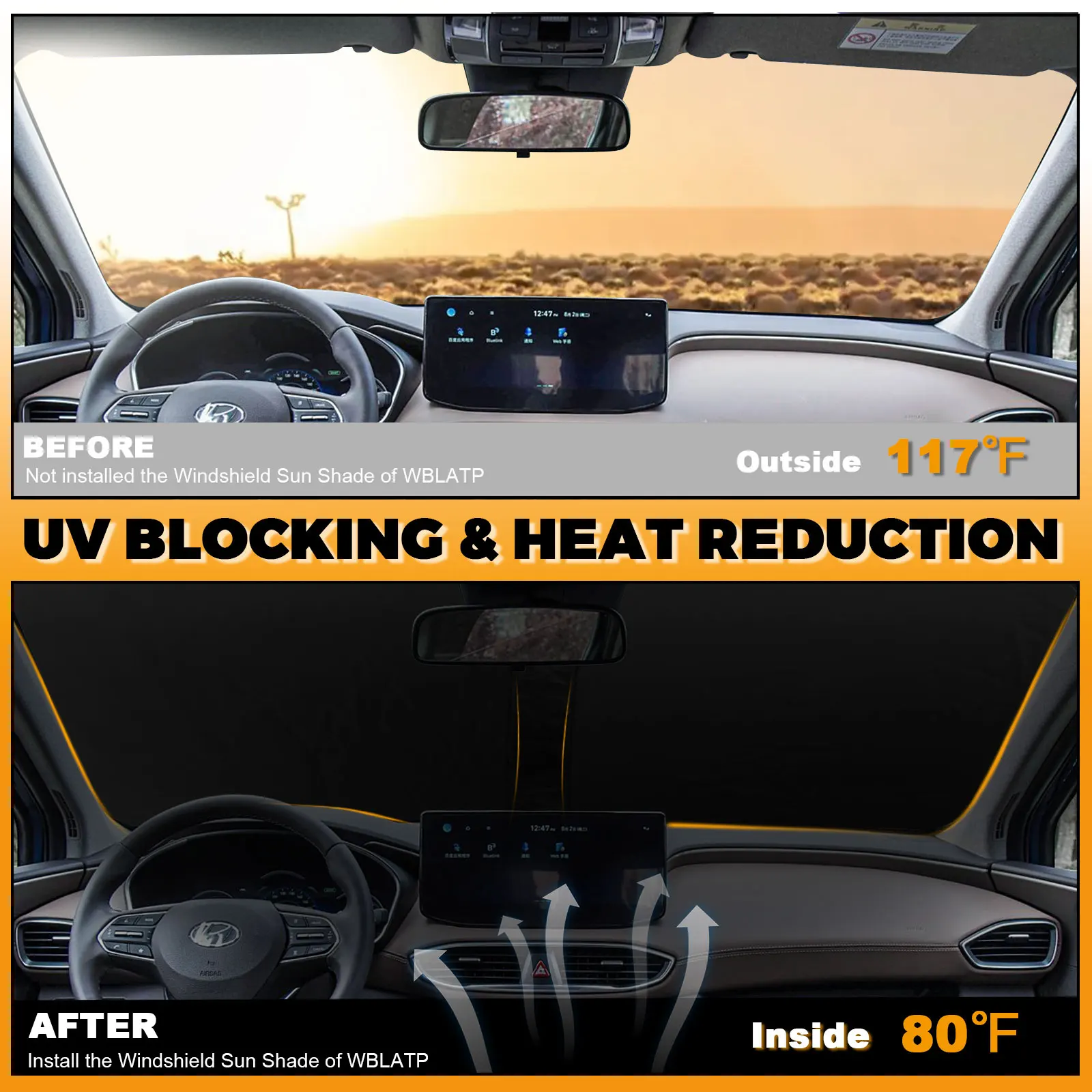 Windshield Sun Shade for 2019 2020 2021 2022 2023 Hyun-dai Santa Fe Front Window Sunshade Sun Visor Protector Block UV Rays