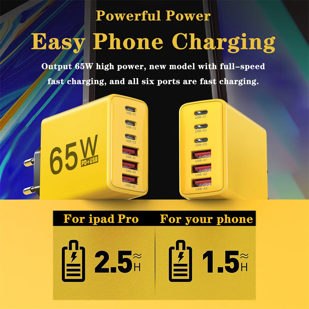 USB Charger Type C Total 65W Muti 6 Ports Quick Fast Charging EU/US/UK Plug Mobile Phone Wall Adapter for IPhone Samsung Xiaomi