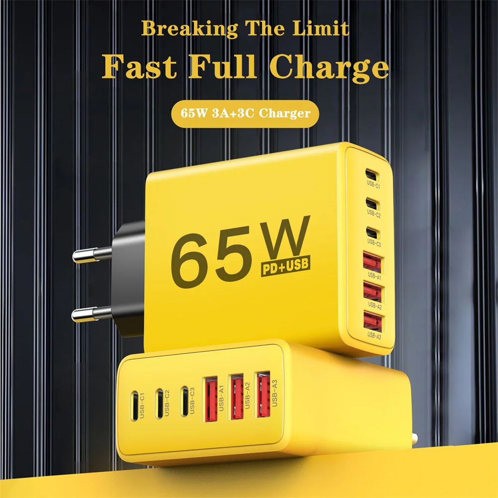USB Charger Type C Total 65W Muti 6 Ports Quick Fast Charging EU/US/UK Plug Mobile Phone Wall Adapter for IPhone Samsung Xiaomi