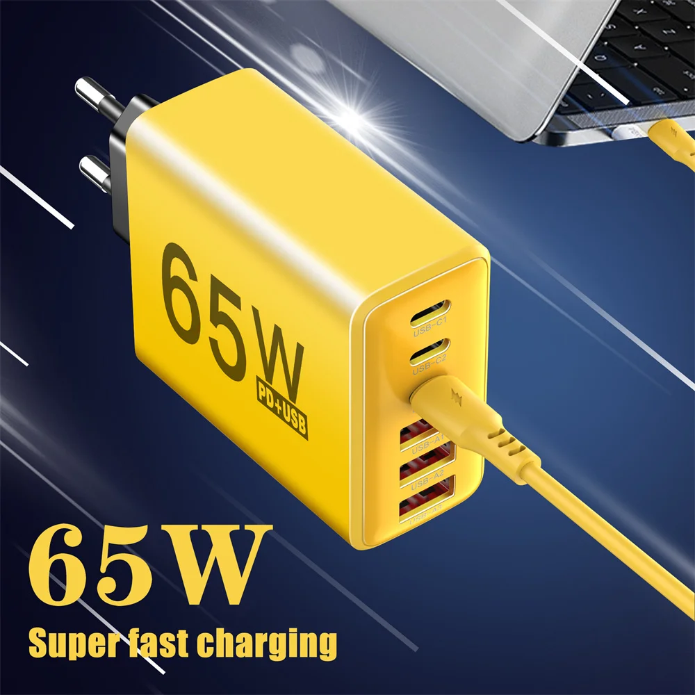 USB Charger Type C Total 65W Muti 6 Ports Quick Fast Charging EU/US/UK Plug Mobile Phone Wall Adapter for IPhone Samsung Xiaomi