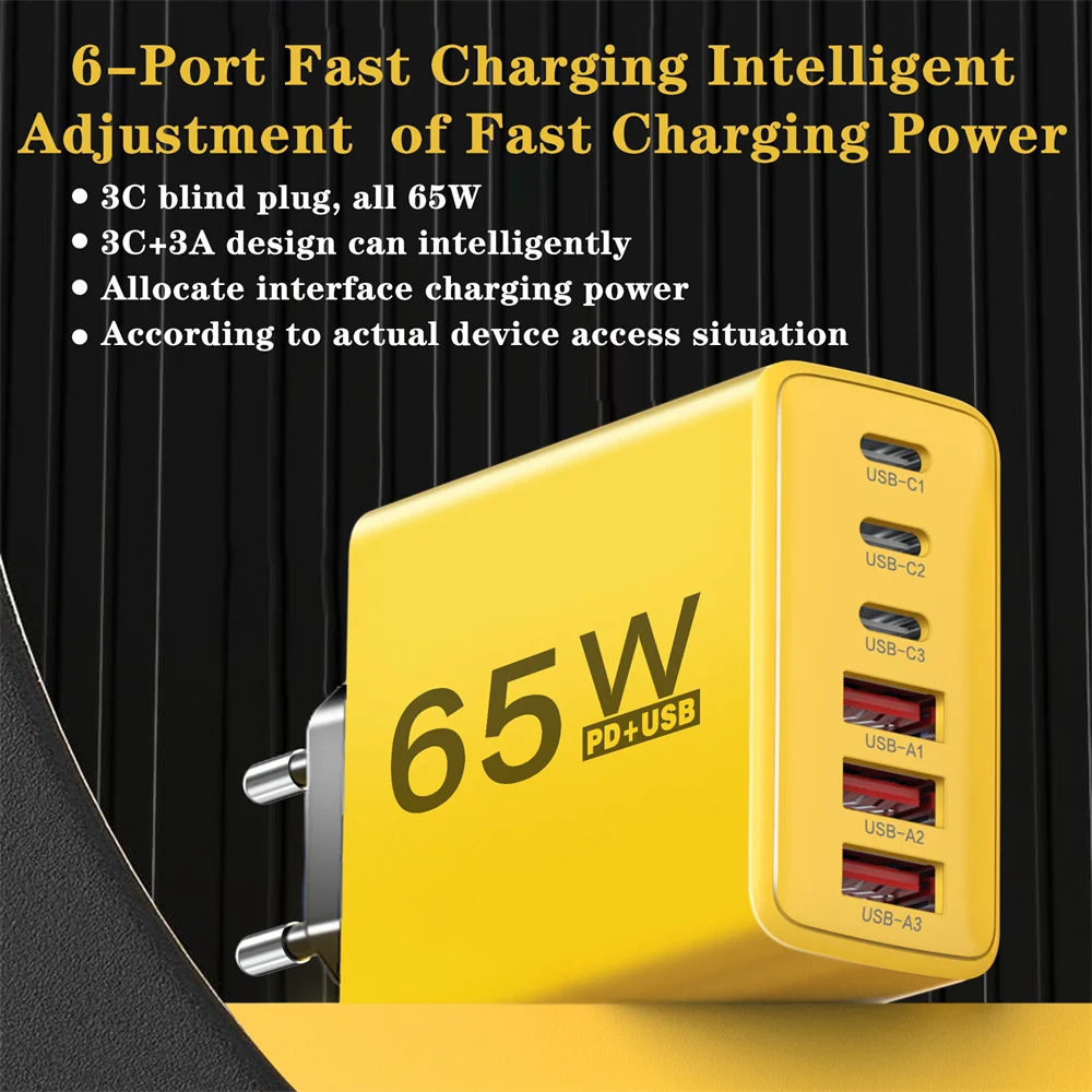 USB Charger Type C Total 65W Muti 6 Ports Quick Fast Charging EU/US/UK Plug Mobile Phone Wall Adapter for IPhone Samsung Xiaomi