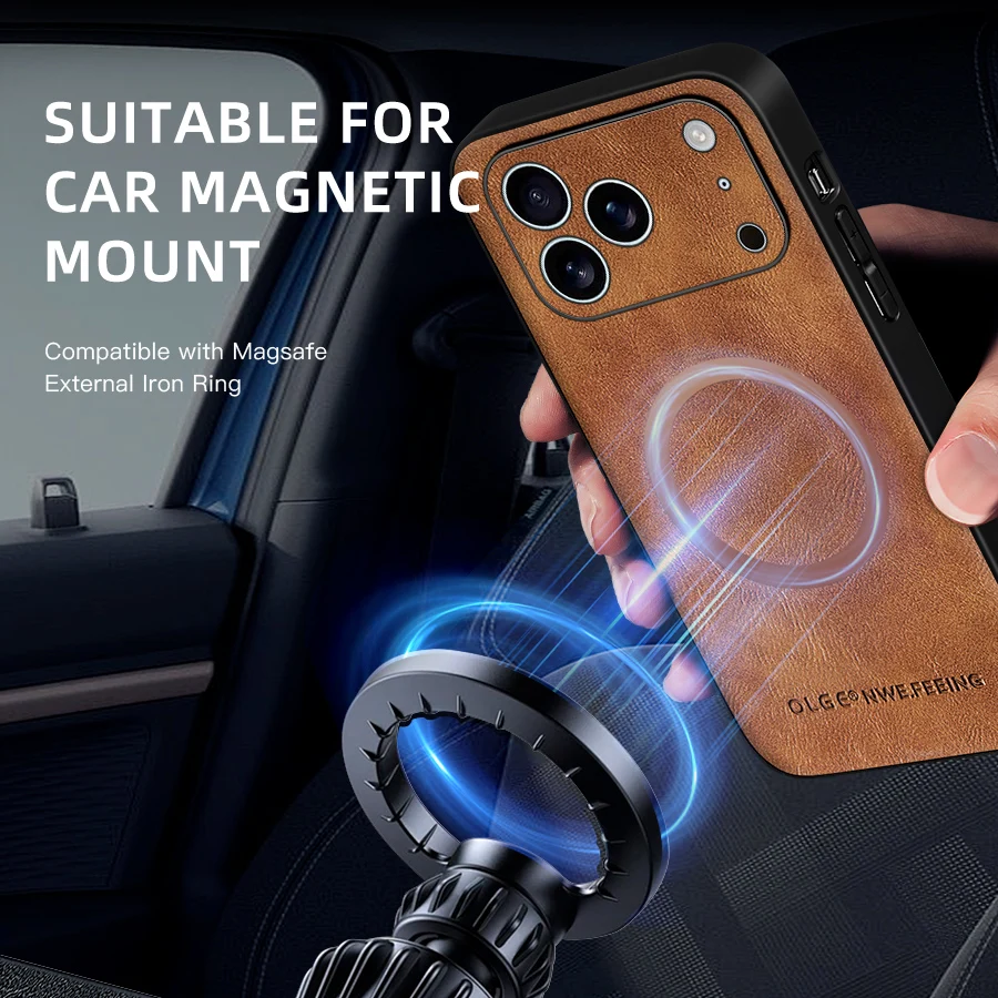 Magnetic Leather Case for Apple iPhone 17 Pro Max 13 12 14 15 16 17Pro MacSafe Luxury Wireless Charge Shockproof MagSafe Cover