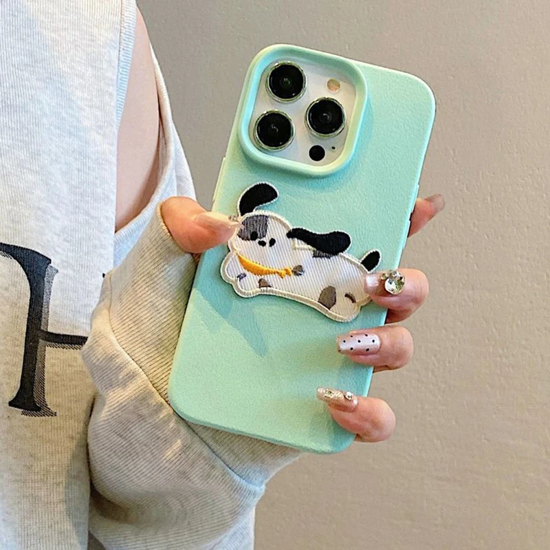Korean Cute 3D Cartoon Embroidery Dog Phone Case For iPhone 18 17 16 15 14 13 12 Pro Max Plus Funny Puppy Leather Pattern Cover