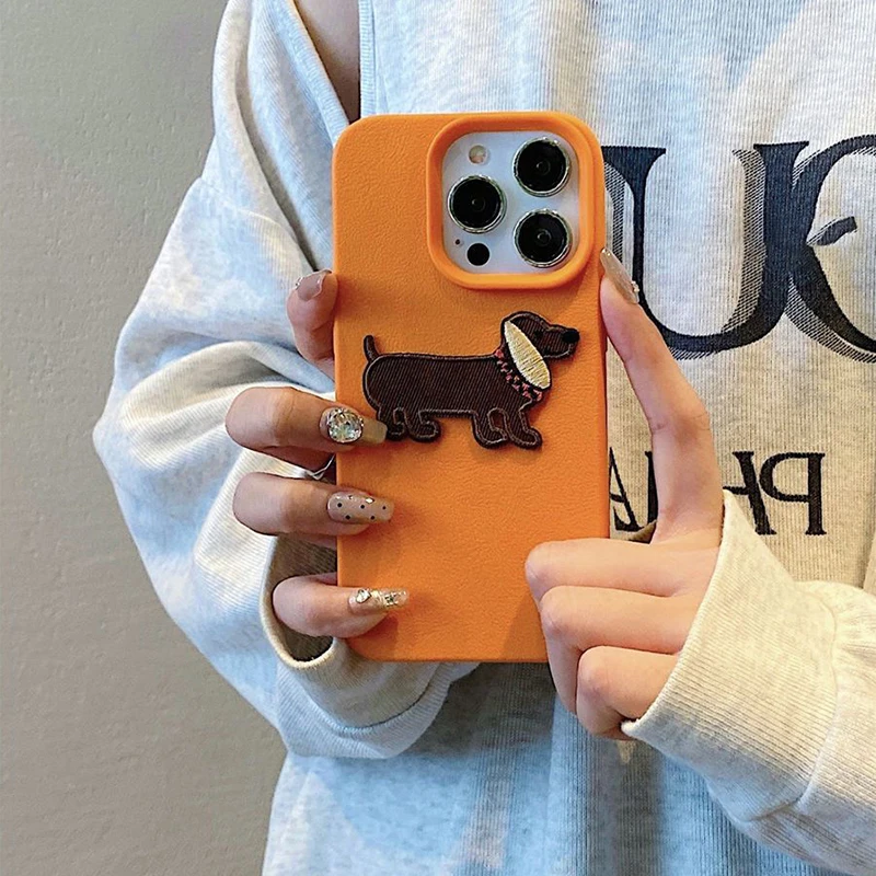 Korean Cute 3D Cartoon Embroidery Dog Phone Case For iPhone 18 17 16 15 14 13 12 Pro Max Plus Funny Puppy Leather Pattern Cover