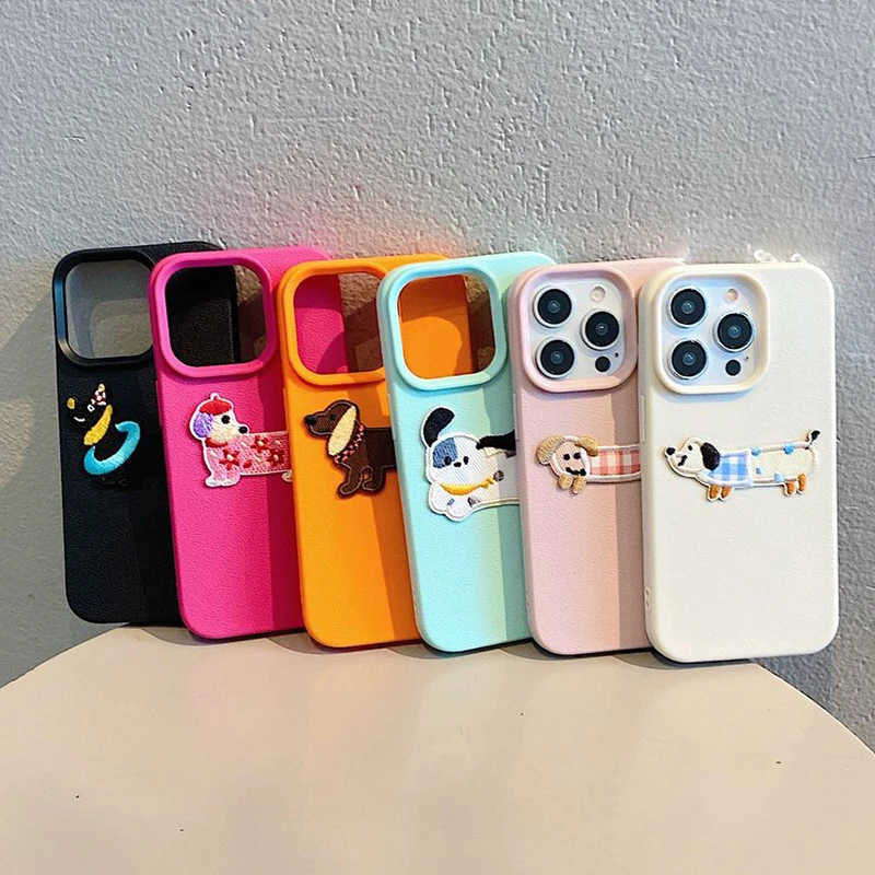 Korean Cute 3D Cartoon Embroidery Dog Phone Case For iPhone 18 17 16 15 14 13 12 Pro Max Plus Funny Puppy Leather Pattern Cover