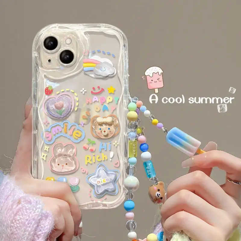 3D Bear Hang Phone Chain Lanyard Case For Samsung Galaxy A24 A14 A34 A35 A05 A05S S23 S21 Ultra Plus S20 FE A53 A52 A32 A31 A51