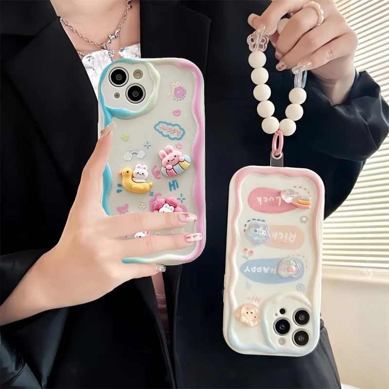 3D Bear Hang Phone Chain Lanyard Case For Samsung Galaxy A24 A14 A34 A35 A05 A05S S23 S21 Ultra Plus S20 FE A53 A52 A32 A31 A51