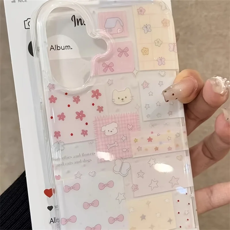 Cute Pink Bow Animal Collage Pattern Phone Case For iPhone 16 15 14 13 12 11 Pro Max X XR XS Max 7 8 Plus Shockproof Soft Cover