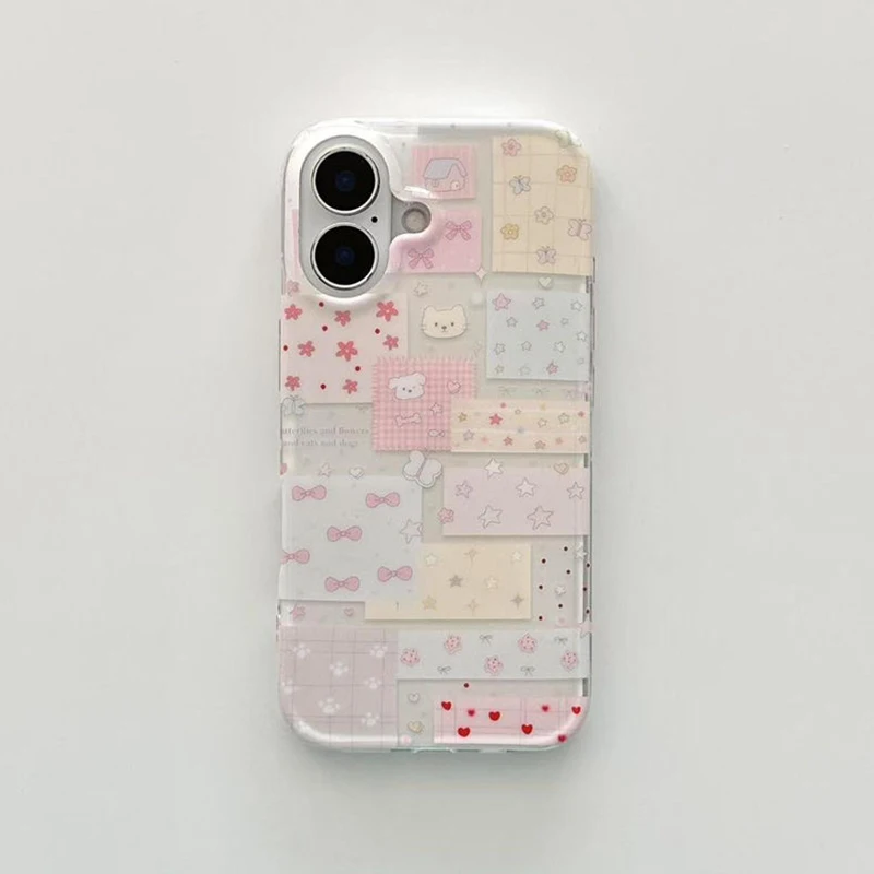 Cute Pink Bow Animal Collage Pattern Phone Case For iPhone 16 15 14 13 12 11 Pro Max X XR XS Max 7 8 Plus Shockproof Soft Cover