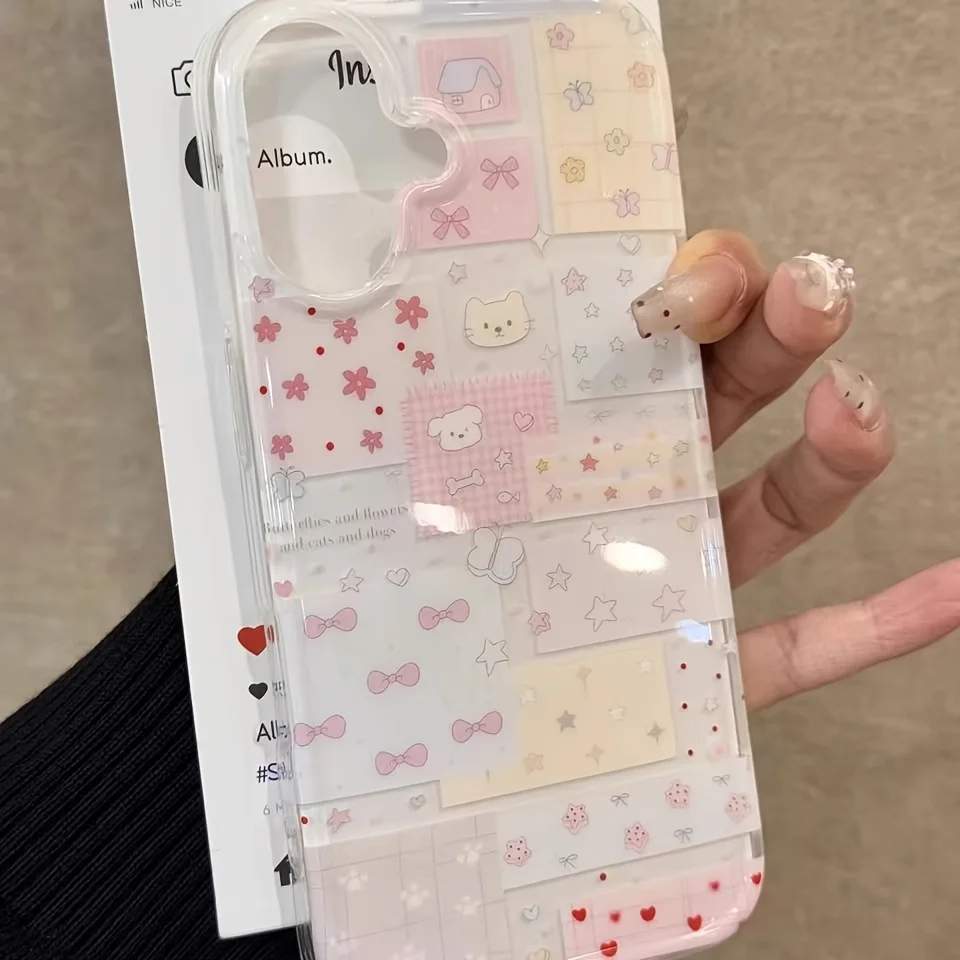 Cute Pink Bow Animal Collage Pattern Phone Case For iPhone 16 15 14 13 12 11 Pro Max X XR XS Max 7 8 Plus Shockproof Soft Cover