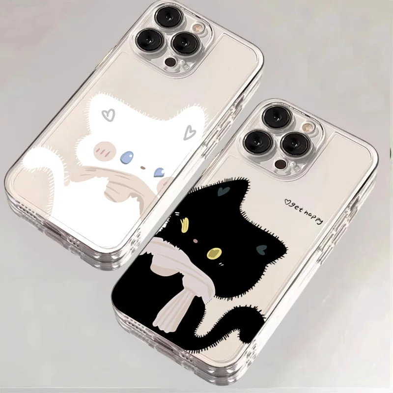 Cartoon Black White Cat Couple Phone Case For Samsung Galaxy A17 A16 A15 A35 A55 A37 A57 S25 S26 Ultra S23 S22 Plus S24FE Cover