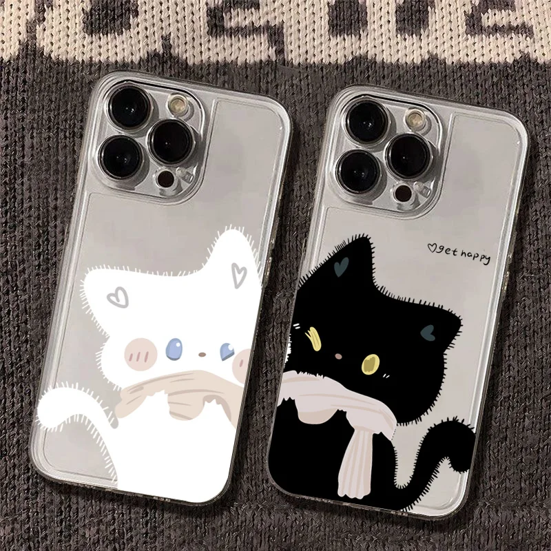 Cartoon Black White Cat Couple Phone Case For Samsung Galaxy A17 A16 A15 A35 A55 A37 A57 S25 S26 Ultra S23 S22 Plus S24FE Cover