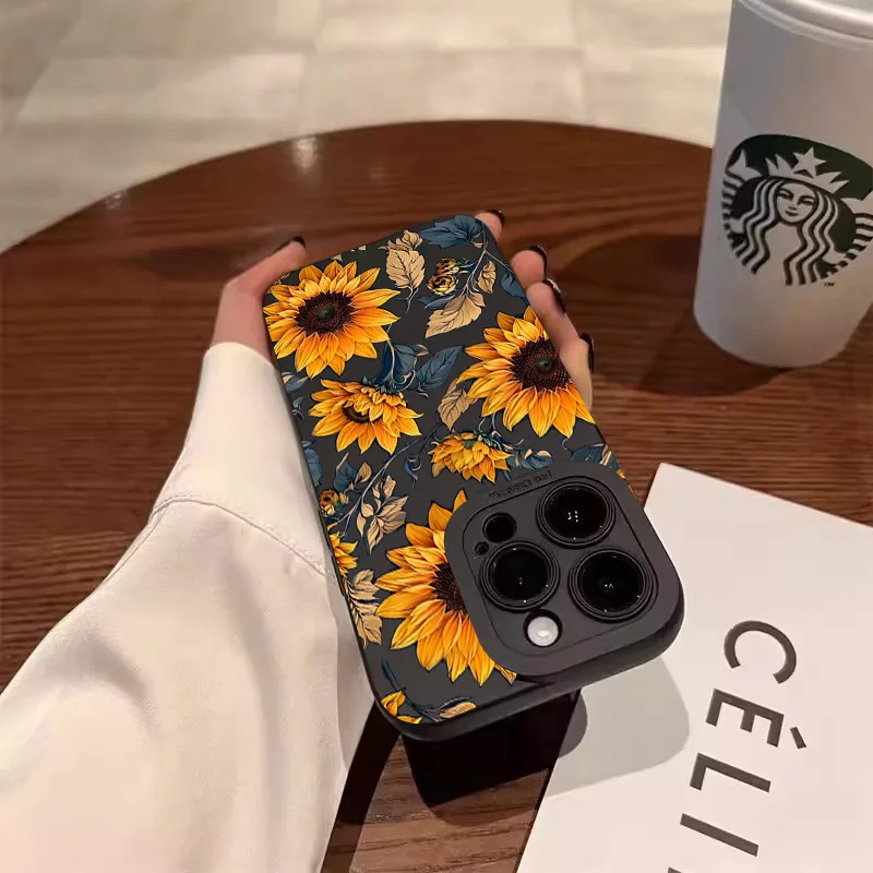 Sunflower Pattern Phone Case For iPhone 17 11 12 13 14 15 16 Pro Max 7 8 Plus 17 Air Shockproof Matte Soft Silicone Bumper Cover
