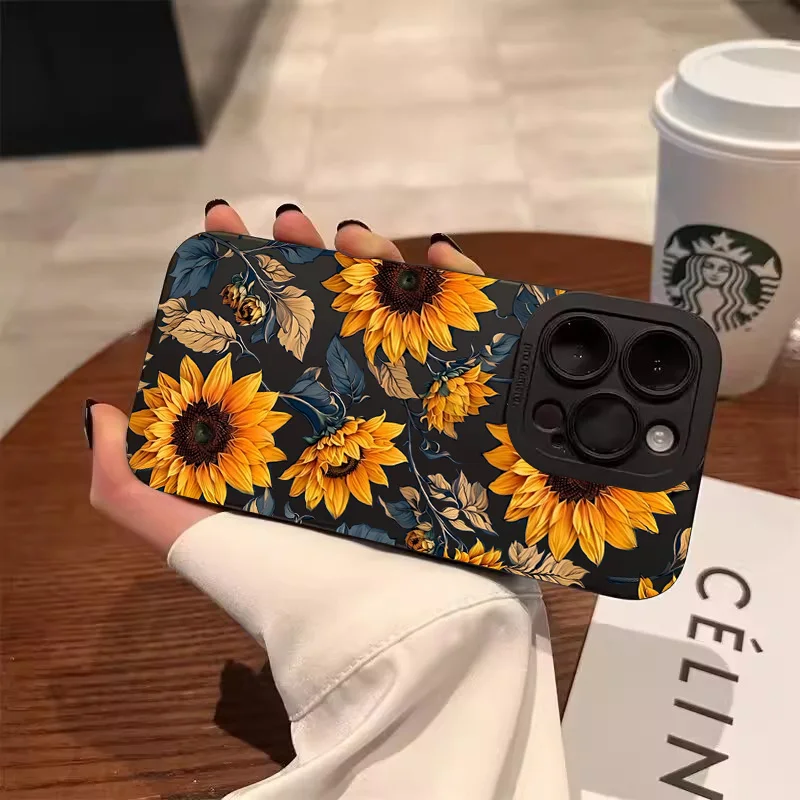 Sunflower Pattern Phone Case For iPhone 17 11 12 13 14 15 16 Pro Max 7 8 Plus 17 Air Shockproof Matte Soft Silicone Bumper Cover