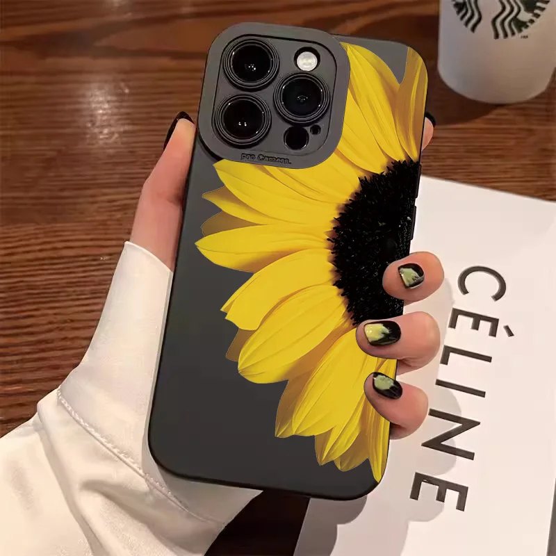 Sunflower Pattern Phone Case For iPhone 17 11 12 13 14 15 16 Pro Max 7 8 Plus 17 Air Shockproof Matte Soft Silicone Bumper Cover