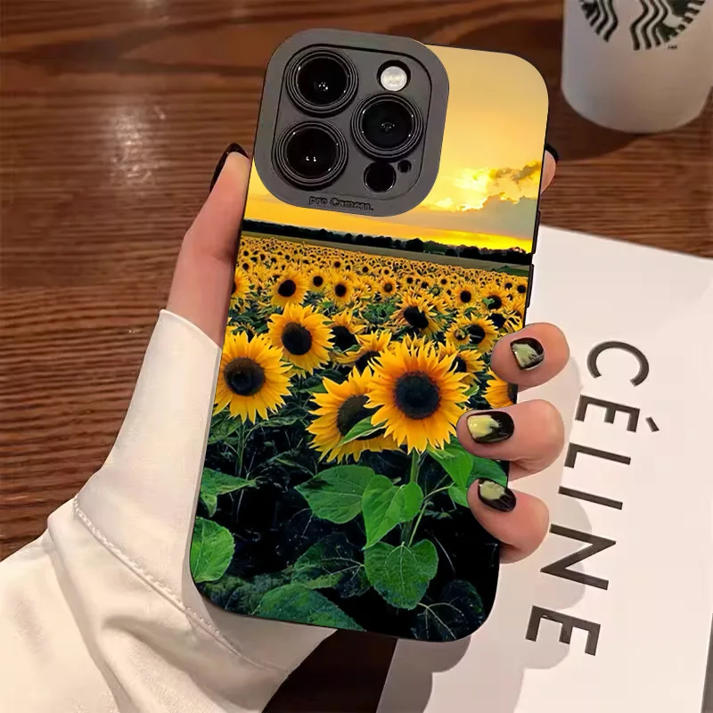 Sunflower Pattern Phone Case For iPhone 17 11 12 13 14 15 16 Pro Max 7 8 Plus 17 Air Shockproof Matte Soft Silicone Bumper Cover