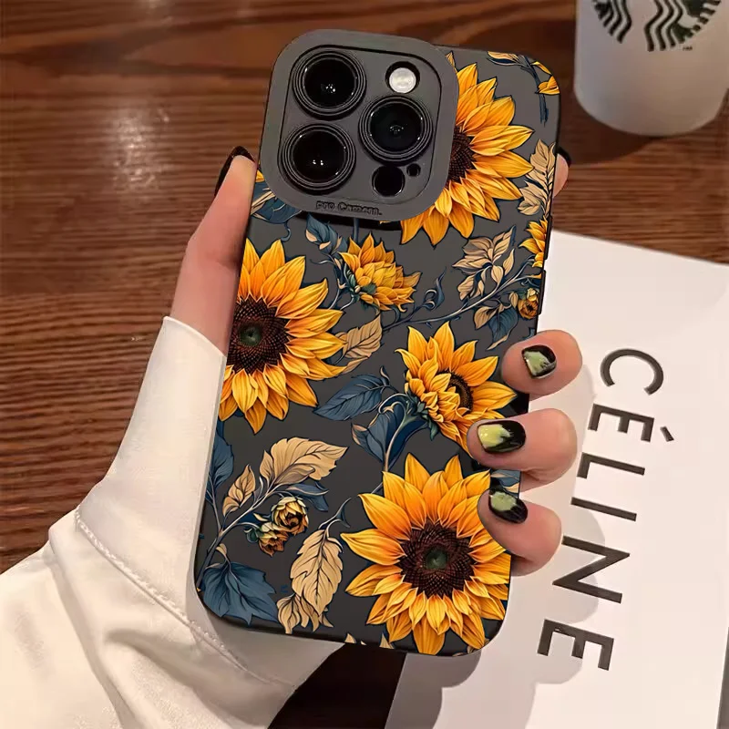 Sunflower Pattern Phone Case For iPhone 17 11 12 13 14 15 16 Pro Max 7 8 Plus 17 Air Shockproof Matte Soft Silicone Bumper Cover
