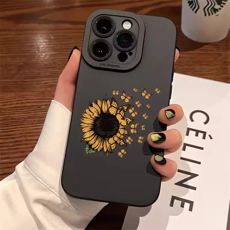 Sunflower Pattern Phone Case For iPhone 17 11 12 13 14 15 16 Pro Max 7 8 Plus 17 Air Shockproof Matte Soft Silicone Bumper Cover