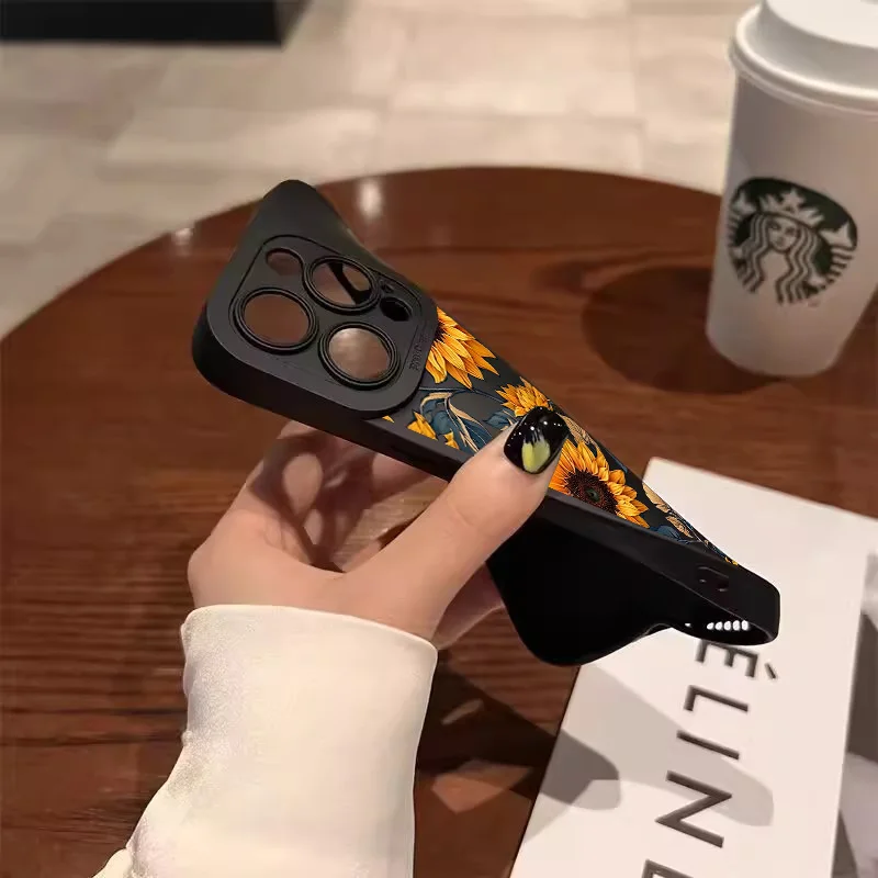 Sunflower Pattern Phone Case For iPhone 17 11 12 13 14 15 16 Pro Max 7 8 Plus 17 Air Shockproof Matte Soft Silicone Bumper Cover
