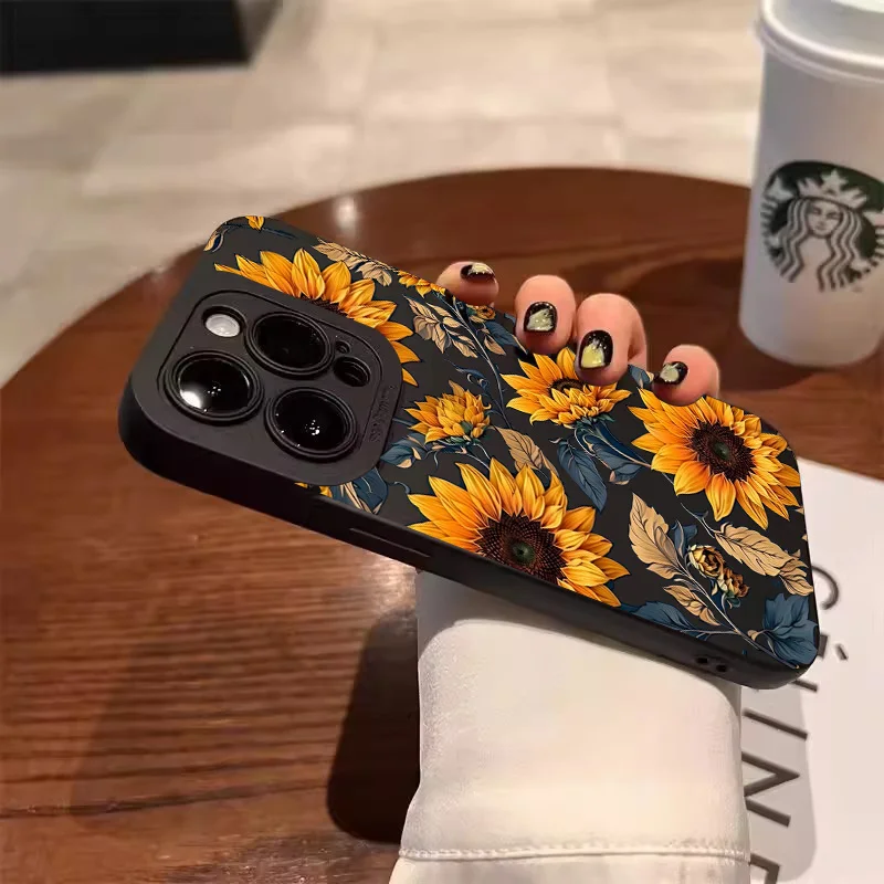 Sunflower Pattern Phone Case For iPhone 17 11 12 13 14 15 16 Pro Max 7 8 Plus 17 Air Shockproof Matte Soft Silicone Bumper Cover