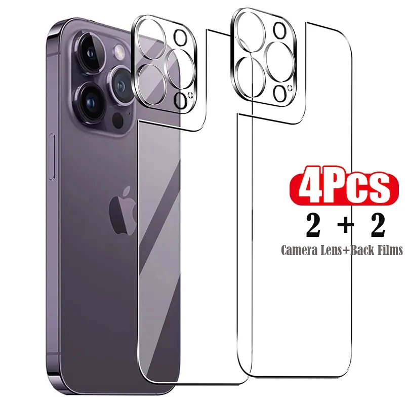 4in1[2 Back Glass + 2 Lens Glass] Clear Phone Tempered Glass For iPhone 16 15 14 Plus 13 12 Mini 11 Pro Max Back Screen Film