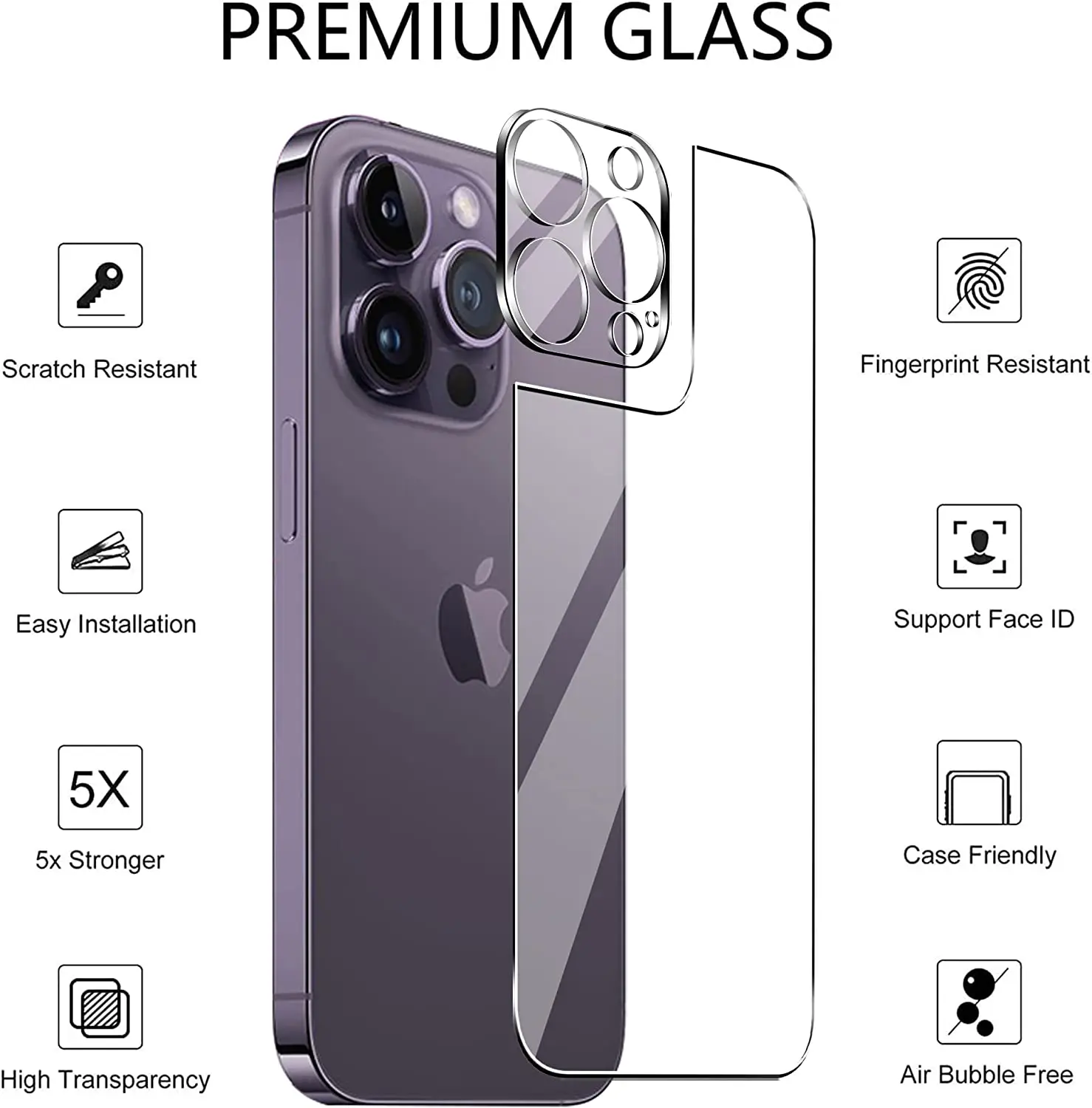 4in1[2 Back Glass + 2 Lens Glass] Clear Phone Tempered Glass For iPhone 16 15 14 Plus 13 12 Mini 11 Pro Max Back Screen Film