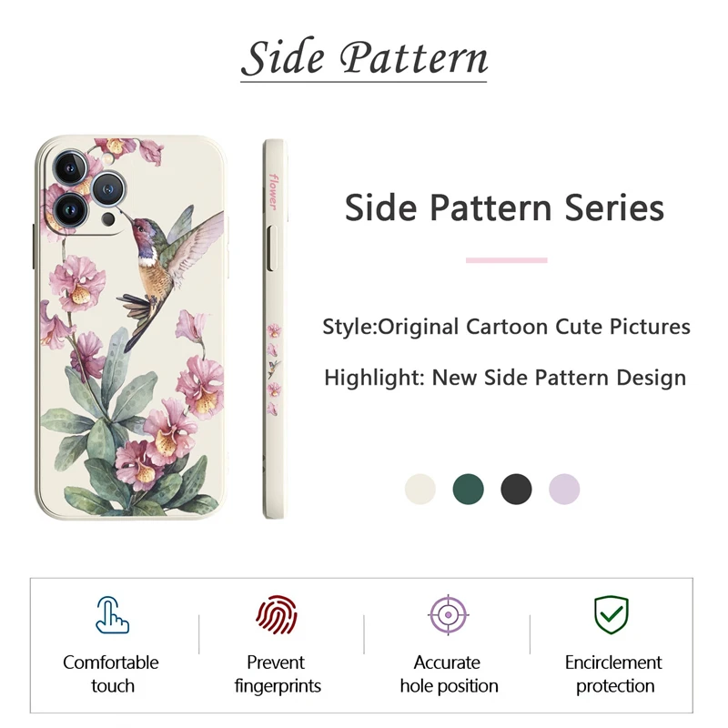Painted Flowers Birds Phone Case For iPhone 13 15 14 11 12 Pro Max Mini X XS XR 7 8 Plus SE Shockproof Silicone Soft Cover Coque