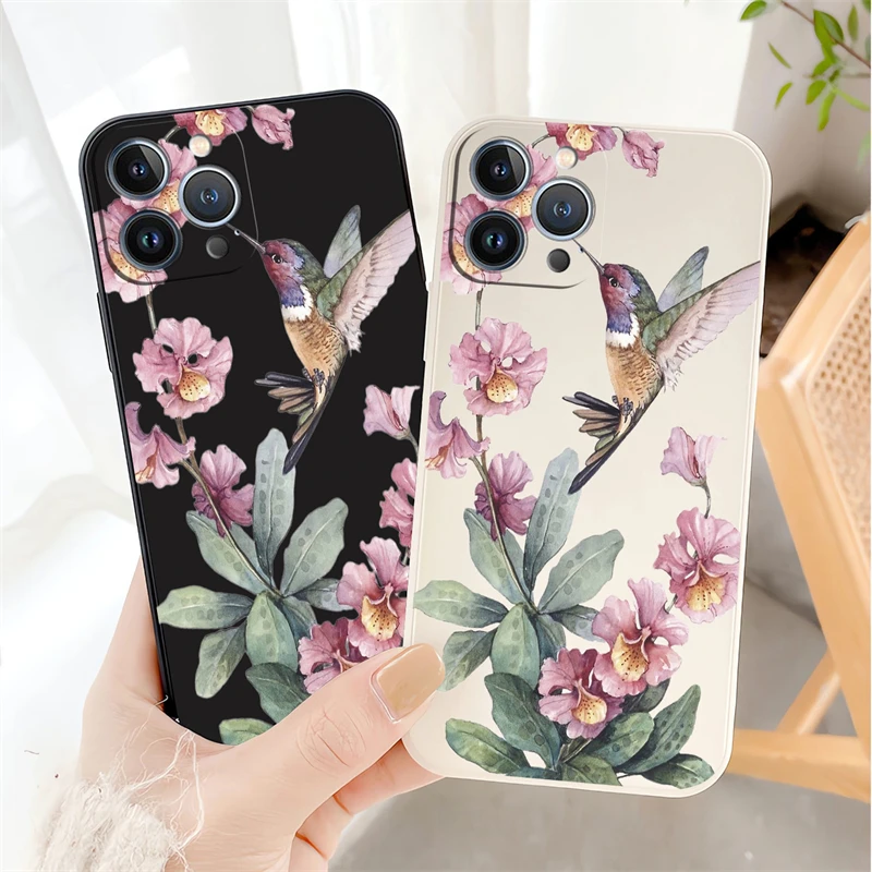 Painted Flowers Birds Phone Case For iPhone 13 15 14 11 12 Pro Max Mini X XS XR 7 8 Plus SE Shockproof Silicone Soft Cover Coque