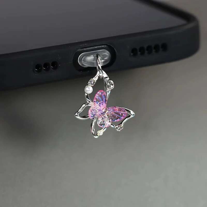 Beautiful Butterfly Phone Dust Plug Accessories Decoration Hanging Pendant for iPhone for Samsung Type-C Charging Port