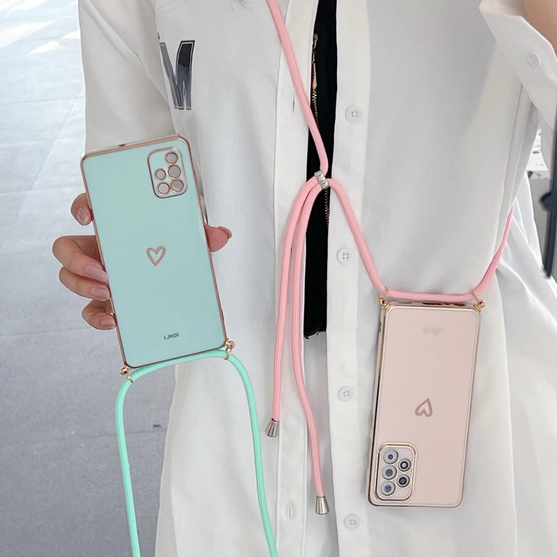 Love Heart Crossbody Lanyard Strap Phone Case For Samsung Galaxy S21 S20 S22 S23 S24 S10 S9 S8 Note 10 20 Plus Ultra Fe Cover