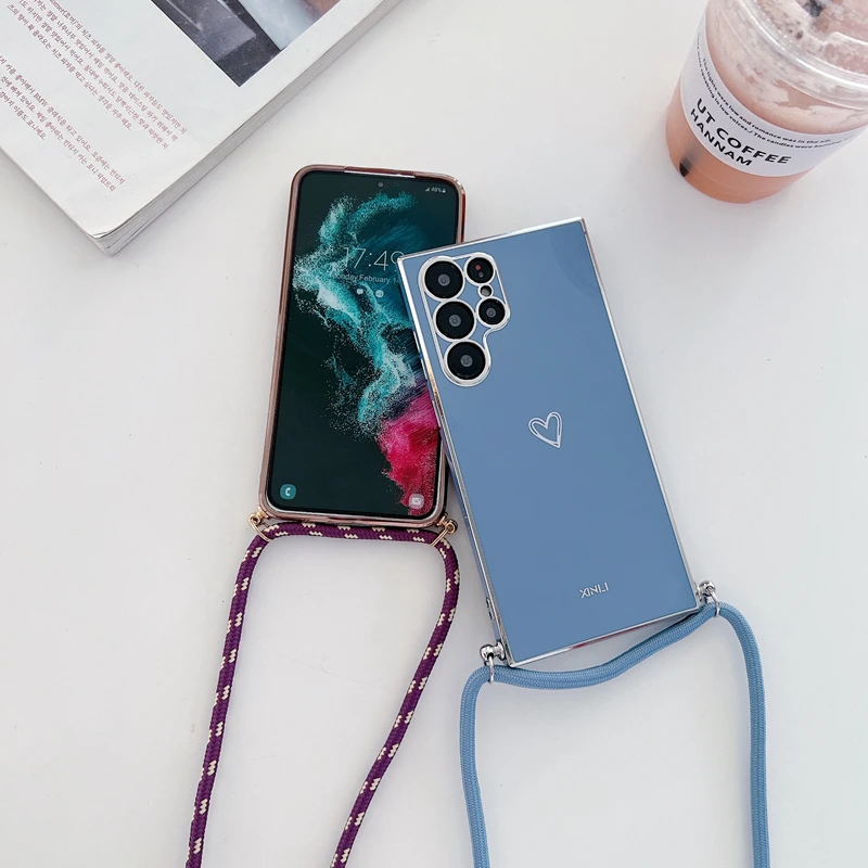 Love Heart Crossbody Lanyard Strap Phone Case For Samsung Galaxy S21 S20 S22 S23 S24 S10 S9 S8 Note 10 20 Plus Ultra Fe Cover