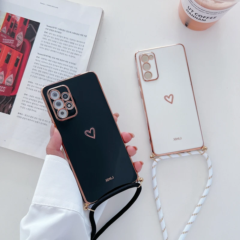 Love Heart Crossbody Lanyard Strap Phone Case For Samsung Galaxy S21 S20 S22 S23 S24 S10 S9 S8 Note 10 20 Plus Ultra Fe Cover