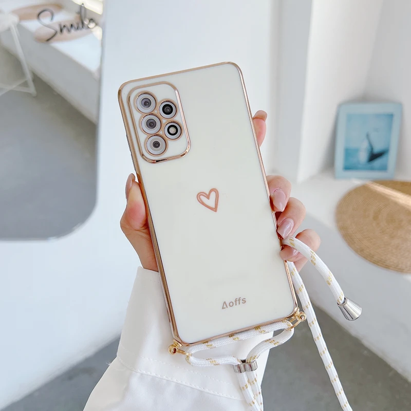 Love Heart Crossbody Lanyard Strap Phone Case For Samsung Galaxy S21 S20 S22 S23 S24 S10 S9 S8 Note 10 20 Plus Ultra Fe Cover