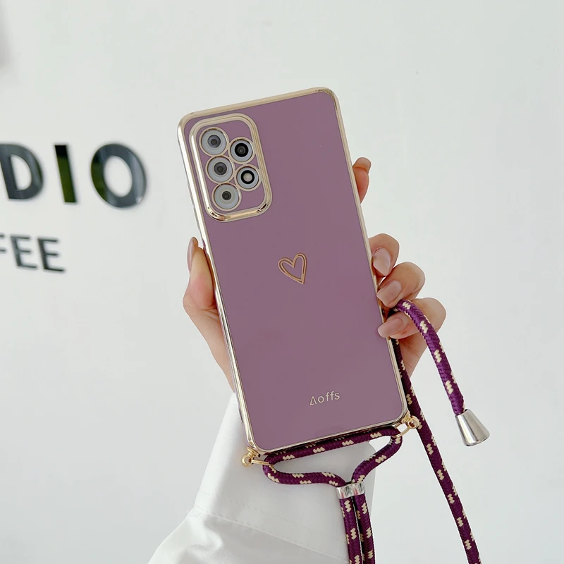Love Heart Crossbody Lanyard Strap Phone Case For Samsung Galaxy S21 S20 S22 S23 S24 S10 S9 S8 Note 10 20 Plus Ultra Fe Cover