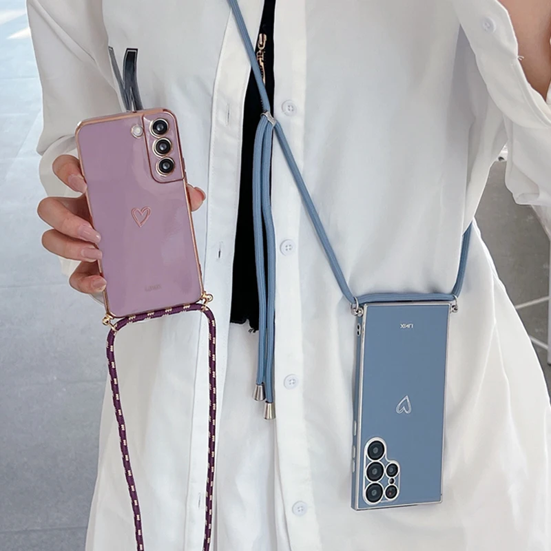 Love Heart Crossbody Lanyard Strap Phone Case For Samsung Galaxy S21 S20 S22 S23 S24 S10 S9 S8 Note 10 20 Plus Ultra Fe Cover