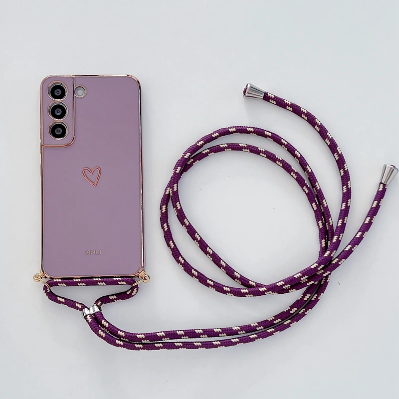 Love Heart Crossbody Lanyard Strap Phone Case For Samsung Galaxy S21 S20 S22 S23 S24 S10 S9 S8 Note 10 20 Plus Ultra Fe Cover