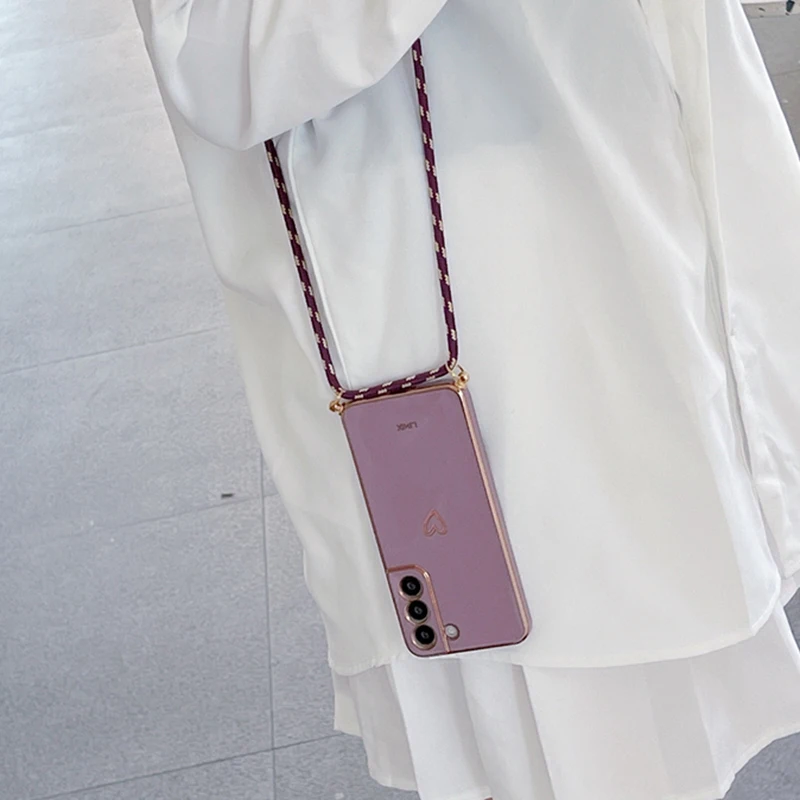 Love Heart Crossbody Lanyard Strap Phone Case For Samsung Galaxy S21 S20 S22 S23 S24 S10 S9 S8 Note 10 20 Plus Ultra Fe Cover