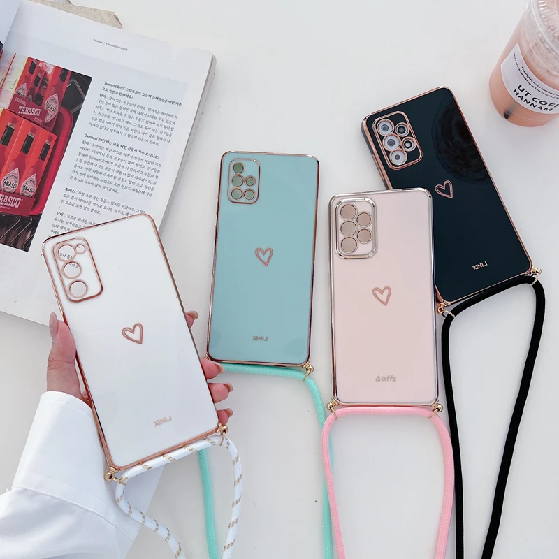 Love Heart Crossbody Lanyard Strap Phone Case For Samsung Galaxy S21 S20 S22 S23 S24 S10 S9 S8 Note 10 20 Plus Ultra Fe Cover