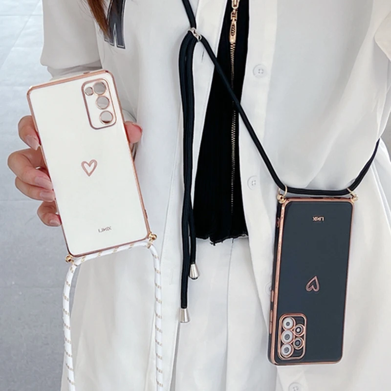 Love Heart Crossbody Lanyard Strap Phone Case For Samsung Galaxy S21 S20 S22 S23 S24 S10 S9 S8 Note 10 20 Plus Ultra Fe Cover