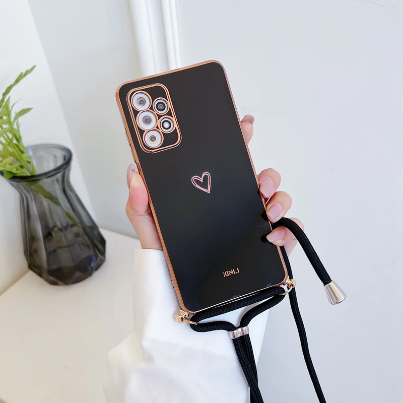 Love Heart Crossbody Lanyard Strap Phone Case For Samsung Galaxy S21 S20 S22 S23 S24 S10 S9 S8 Note 10 20 Plus Ultra Fe Cover