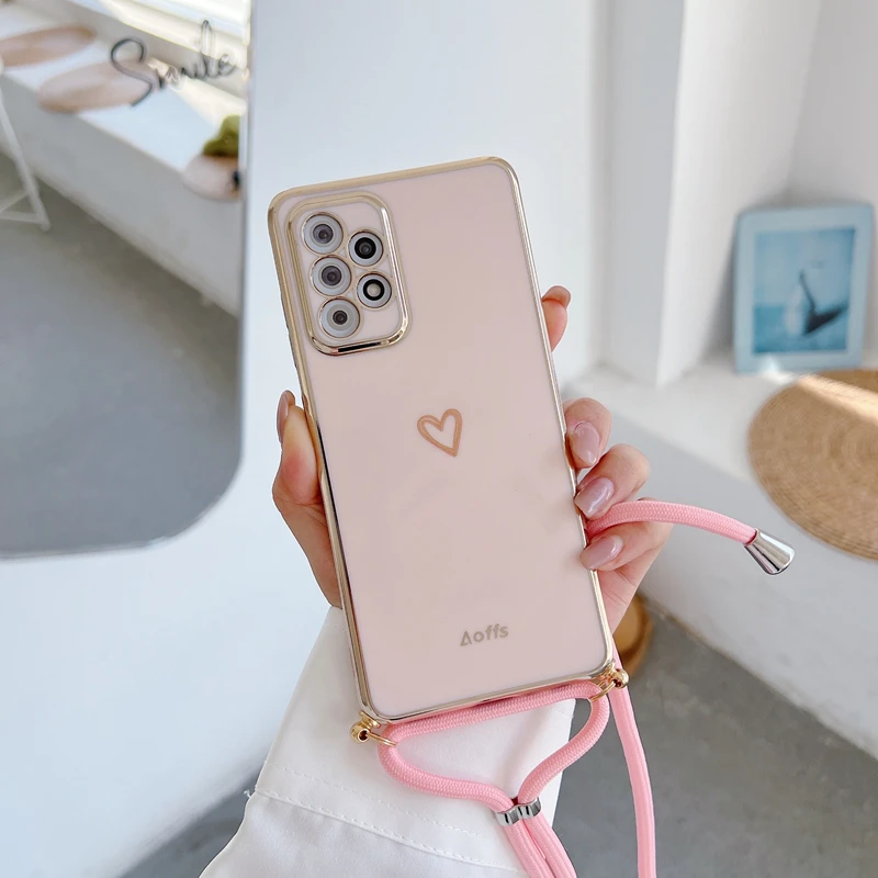 Love Heart Crossbody Lanyard Strap Phone Case For Samsung Galaxy S21 S20 S22 S23 S24 S10 S9 S8 Note 10 20 Plus Ultra Fe Cover