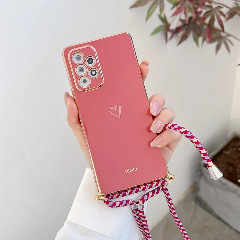 Love Heart Crossbody Lanyard Strap Phone Case For Samsung Galaxy S21 S20 S22 S23 S24 S10 S9 S8 Note 10 20 Plus Ultra Fe Cover