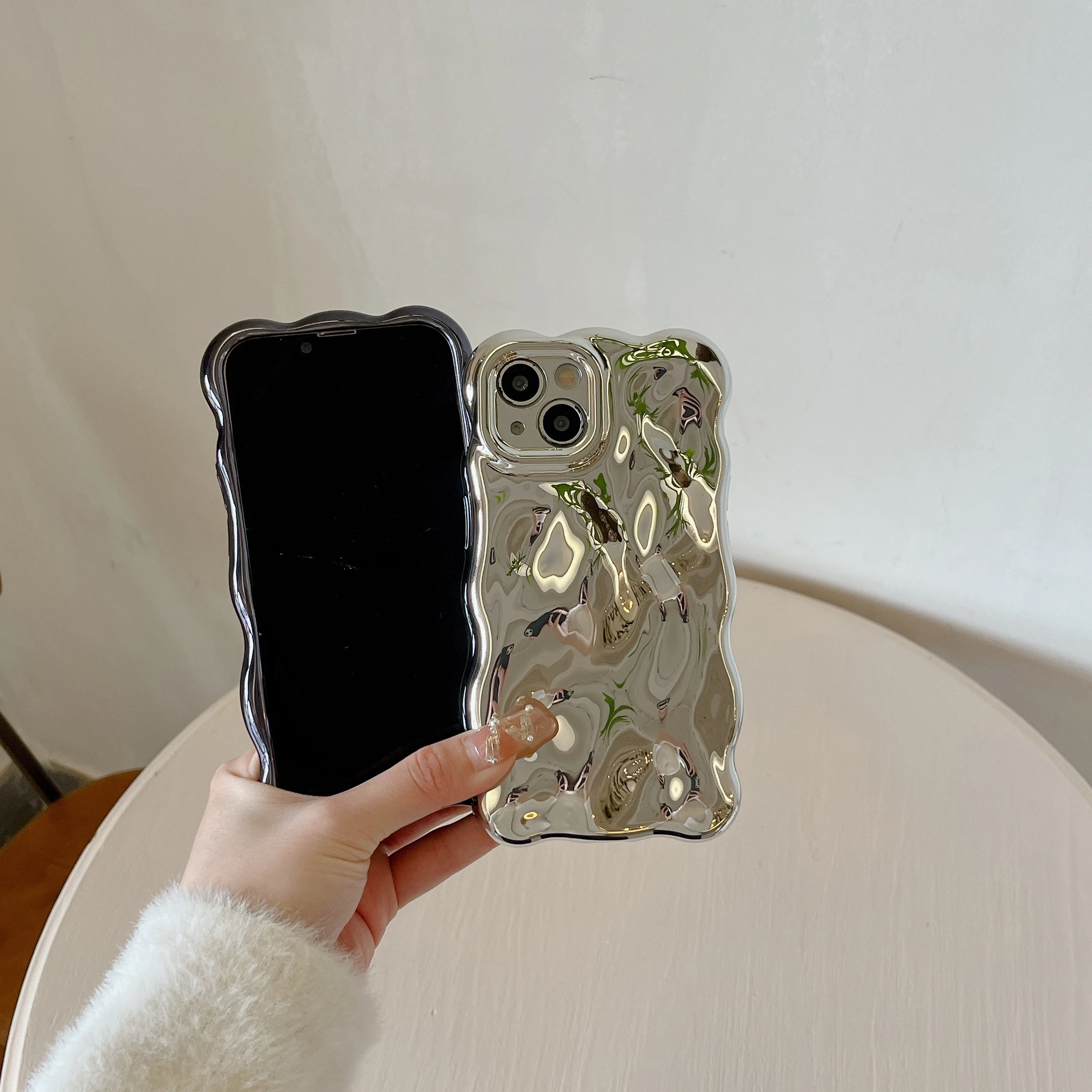 Luxury Wavy 3D Meteorite Texture Plating Silver Case for iPhone 11 12 13 14 15 Pro Max Anti-Fall Full Protection Glossy Cover