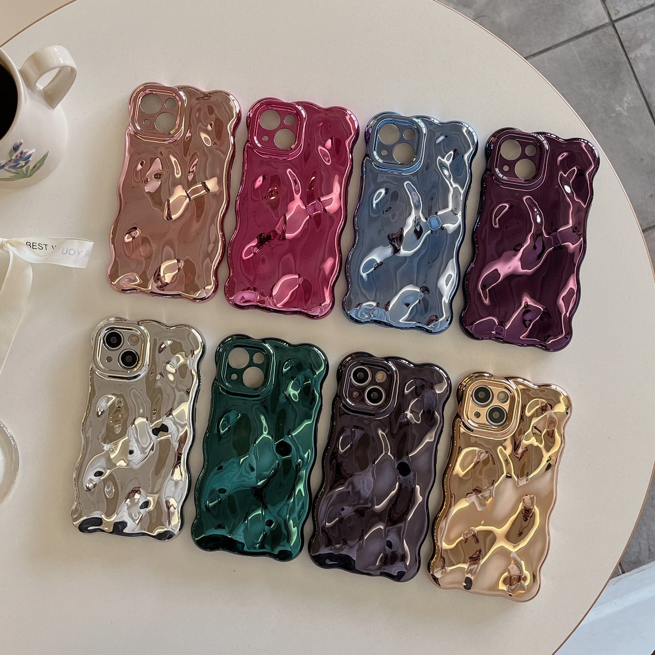 Luxury Wavy 3D Meteorite Texture Plating Silver Case for iPhone 11 12 13 14 15 Pro Max Anti-Fall Full Protection Glossy Cover